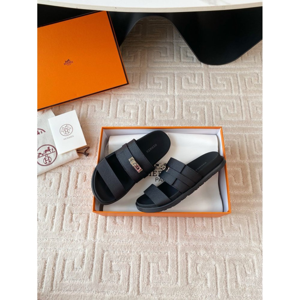 Cheap Reps Hermes Mens Jackson Sandal in Black Epsom Calfskin