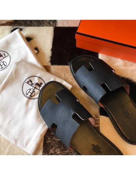 Cheap Reps Hermes Mens Izmir Sandals In Black Clemence Leather