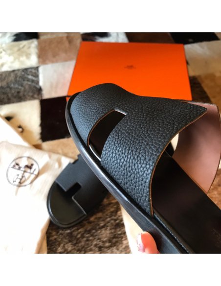 Cheap Reps Hermes Mens Izmir Sandals In Black Clemence Leather