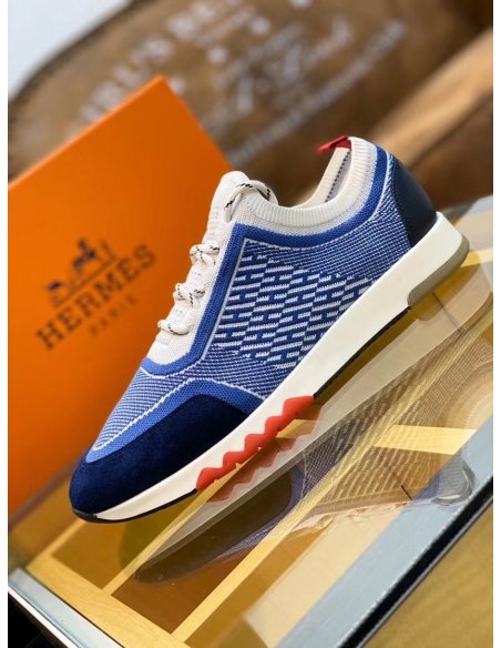 Cheap Reps Hermes Mens Addict Sneakers In Bicolor Blue Knit