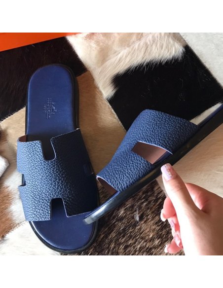 Cheap Reps Hermes Mens Izmir Sandals In Blue Saphir Clemence Leather