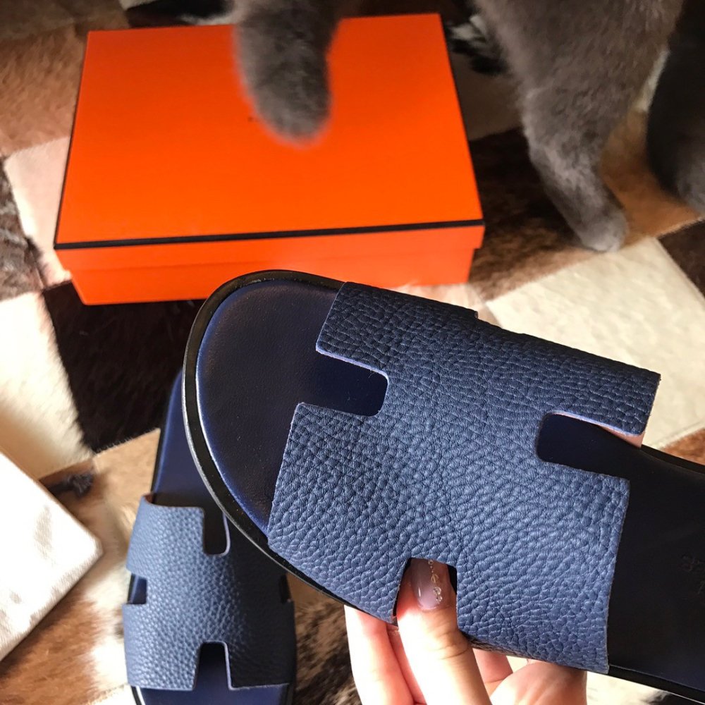 Cheap Reps Hermes Mens Izmir Sandals In Blue Saphir Clemence Leather