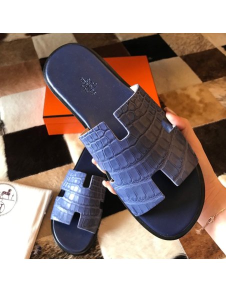 Cheap Reps Hermes Mens Izmir Sandals In Blue Matte Niloticus Crocodile Leather
