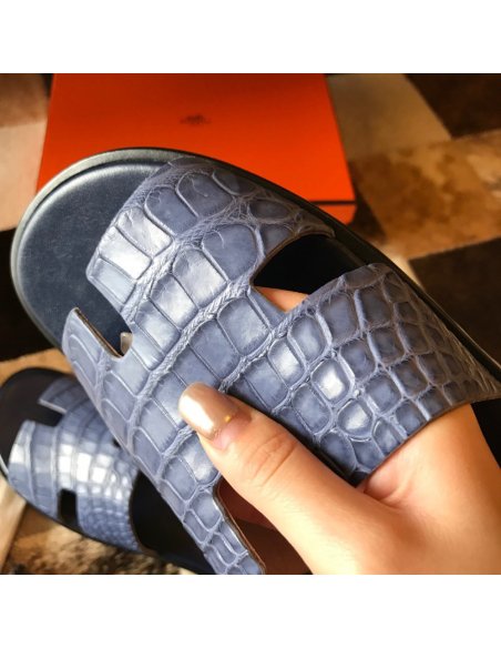 Cheap Reps Hermes Mens Izmir Sandals In Blue Matte Niloticus Crocodile Leather