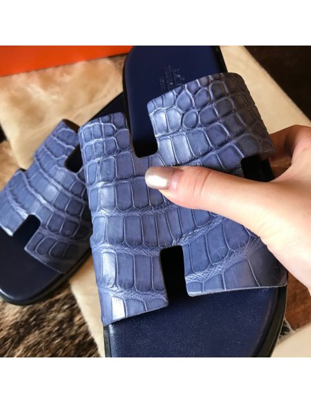 Cheap Reps Hermes Mens Izmir Sandals In Blue Matte Niloticus Crocodile Leather