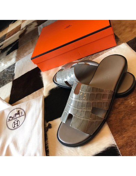 Cheap Reps Hermes Mens Izmir Sandals In Grey Shiny Niloticus Crocodile Leather