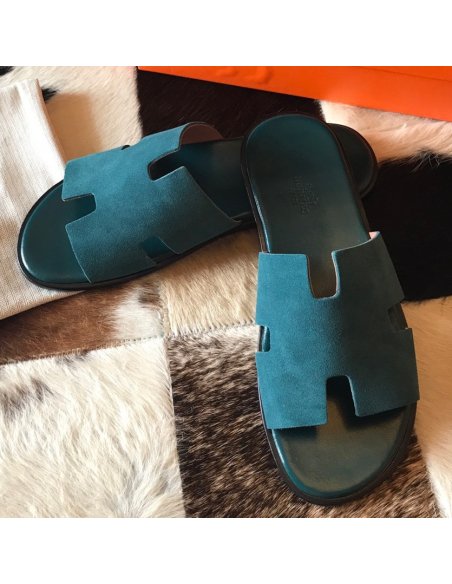 Cheap Reps Hermes Mens Izmir Sandals In Green Suede Calfskin