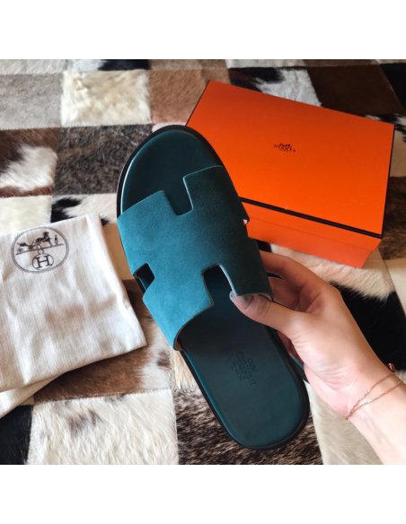Cheap Reps Hermes Mens Izmir Sandals In Green Suede Calfskin