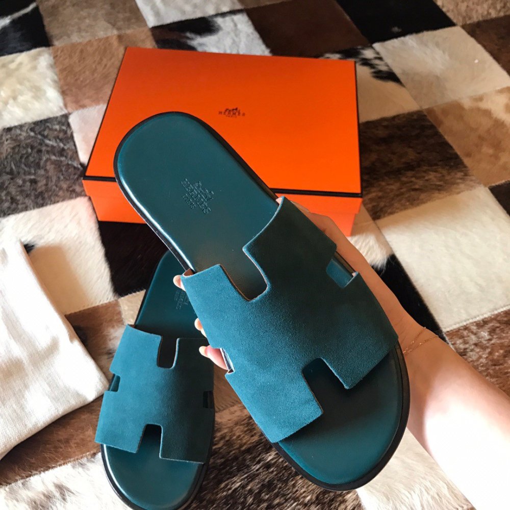 Cheap Reps Hermes Mens Izmir Sandals In Green Suede Calfskin