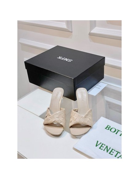 Cheap Reps Bottega Veneta Blink Mules 80mm in Beige Intrecciato Lambskin