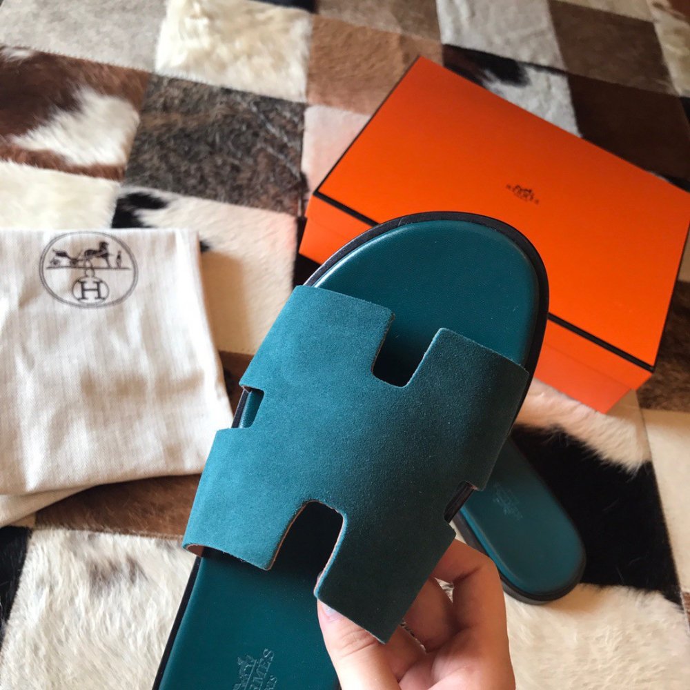 Cheap Reps Hermes Mens Izmir Sandals In Green Suede Calfskin