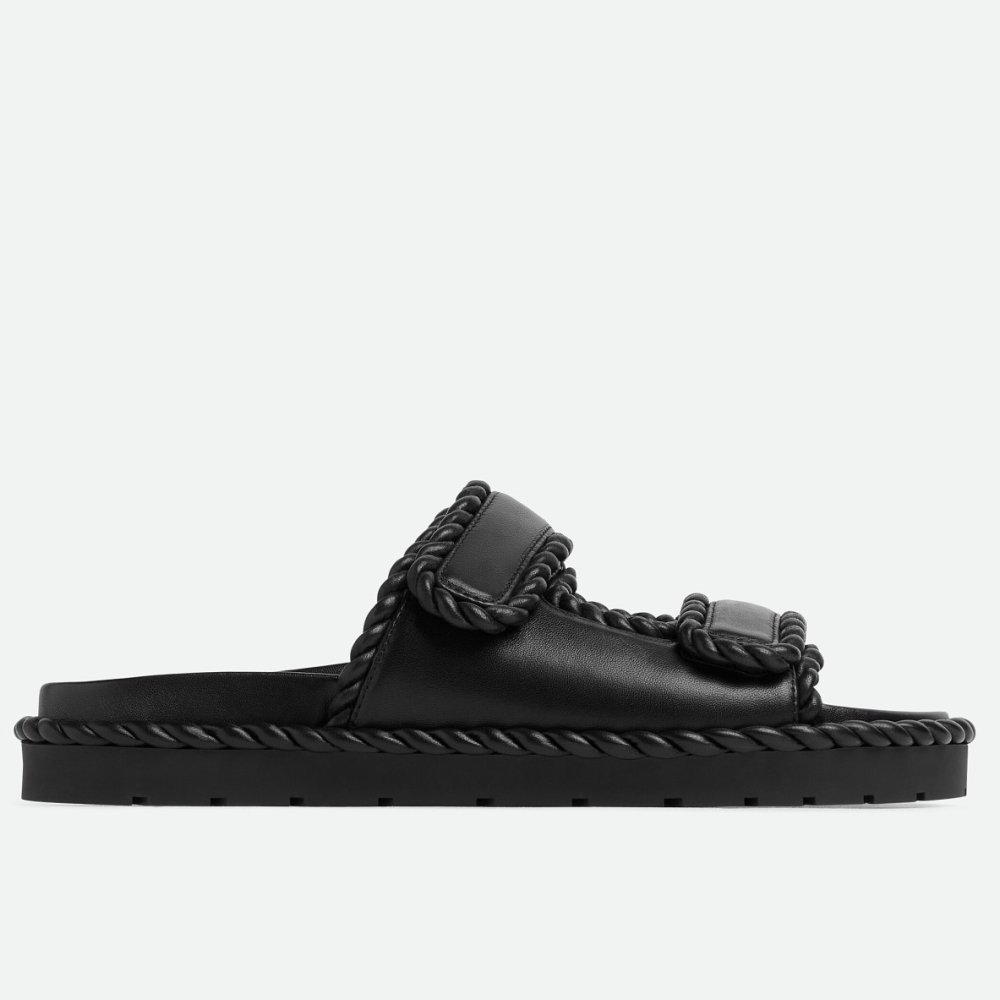 Cheap Reps Bottega Veneta Jack Flat Slides in Black Lambskin