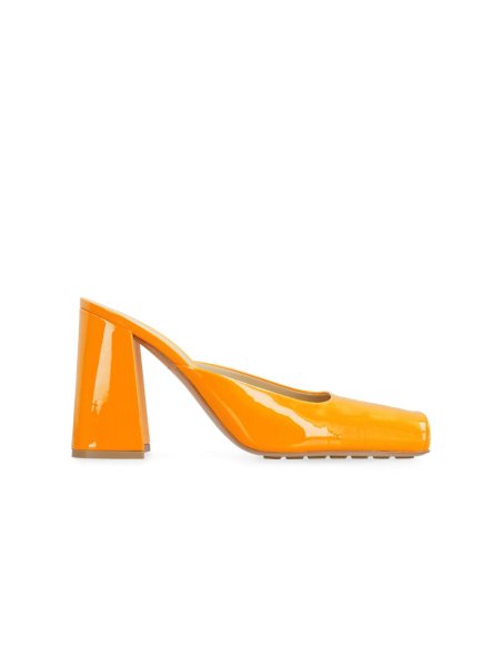 Cheap Reps Bottega Veneta Tower Mules In Orange Patent Calfskin