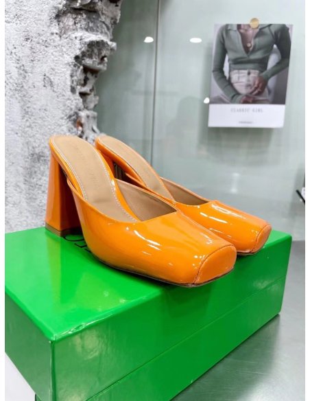 Cheap Reps Bottega Veneta Tower Mules In Orange Patent Calfskin