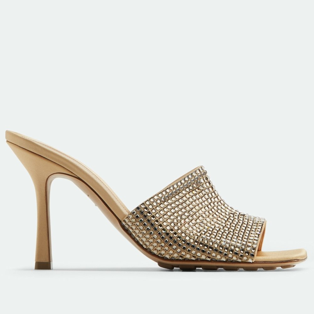 Cheap Reps Bottega Veneta Stretch Mules 90mm In Gold Strass-embellished Satin