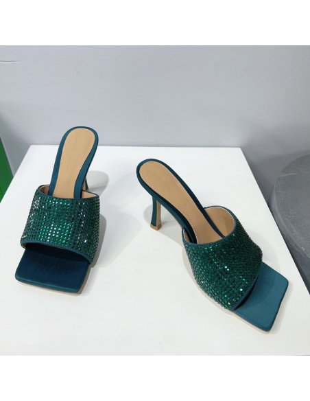Cheap Reps Bottega Veneta Stretch Mules 90mm In Green Strass-embellished Satin
