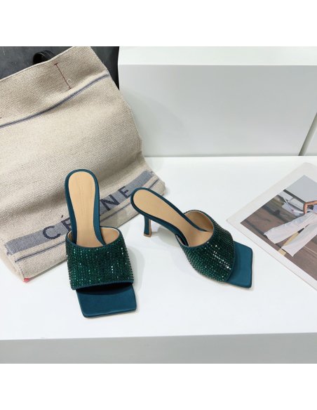 Cheap Reps Bottega Veneta Stretch Mules 90mm In Green Strass-embellished Satin