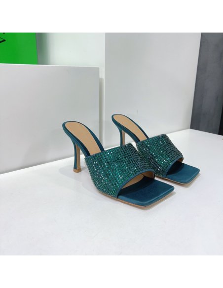 Cheap Reps Bottega Veneta Stretch Mules 90mm In Green Strass-embellished Satin