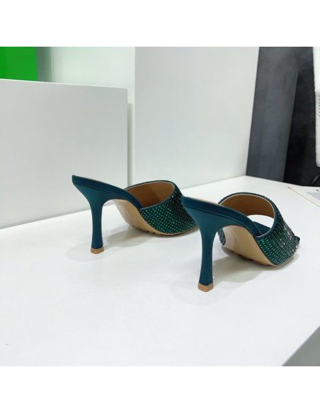 Cheap Reps Bottega Veneta Stretch Mules 90mm In Green Strass-embellished Satin