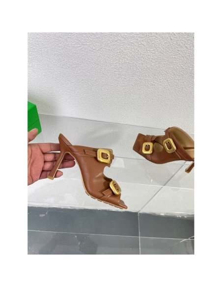 Cheap Reps Bottega Veneta Stretch Buckle Mules in Caramel Calfskin