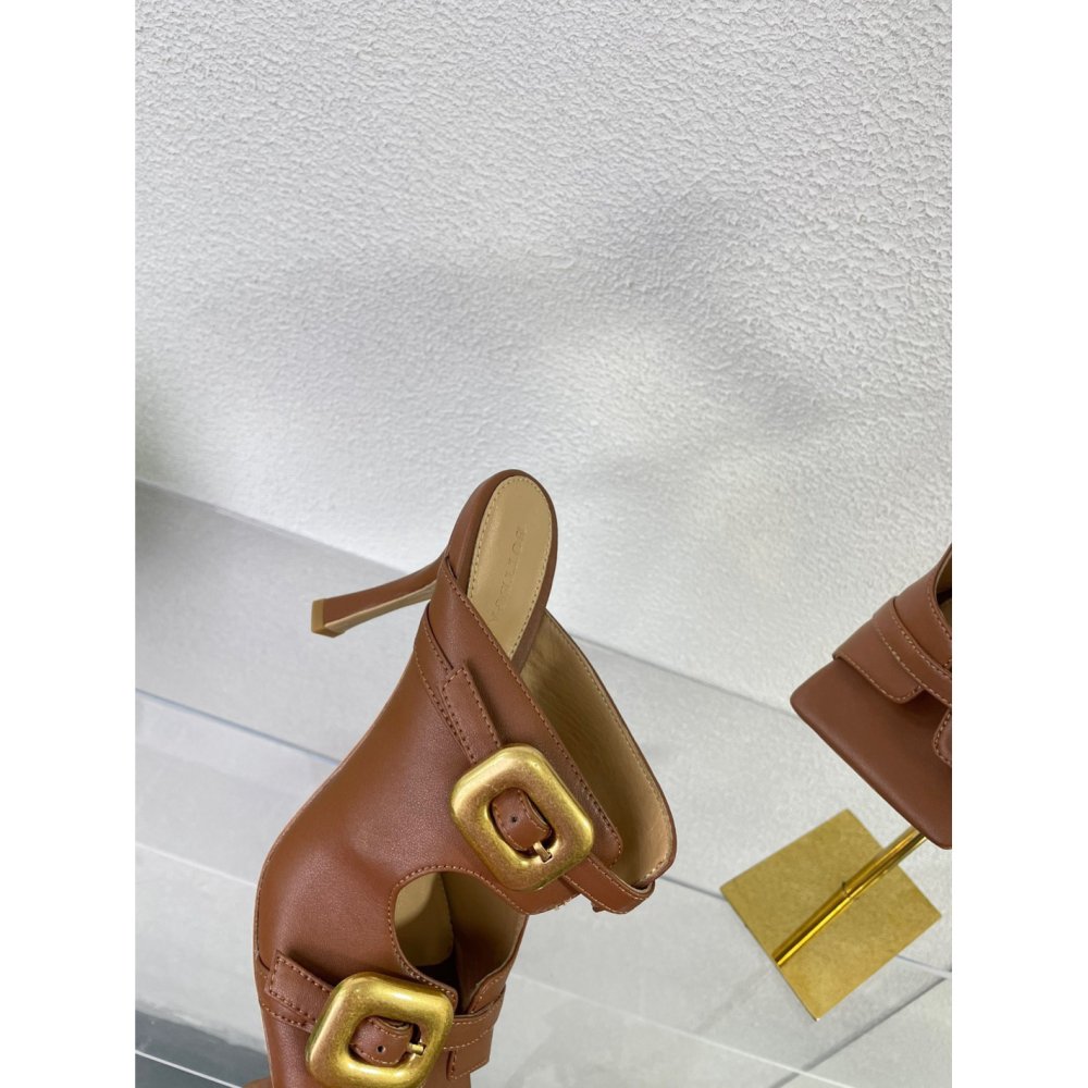 Cheap Reps Bottega Veneta Stretch Buckle Mules in Caramel Calfskin