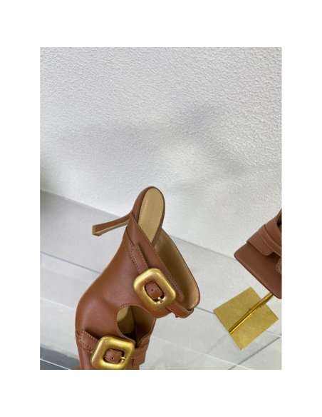 Cheap Reps Bottega Veneta Stretch Buckle Mules in Caramel Calfskin