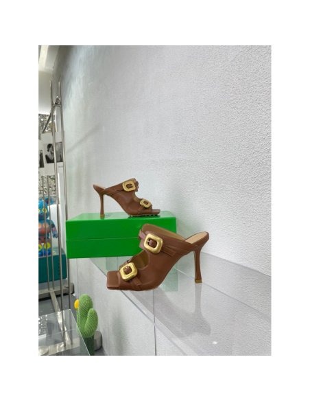 Cheap Reps Bottega Veneta Stretch Buckle Mules in Caramel Calfskin