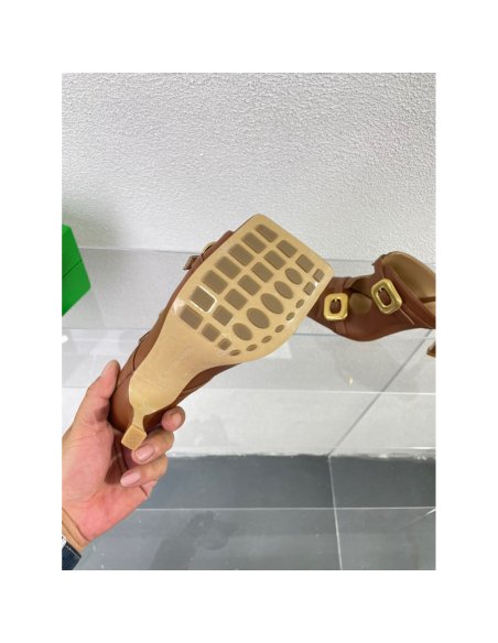 Cheap Reps Bottega Veneta Stretch Buckle Mules in Caramel Calfskin