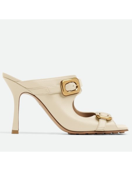 Cheap Reps Bottega Veneta Stretch Buckle Mules in White Calfskin