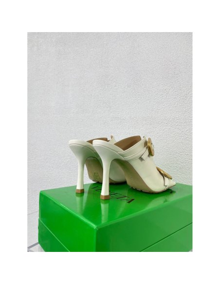 Cheap Reps Bottega Veneta Stretch Buckle Mules in White Calfskin