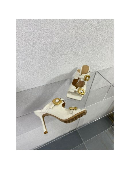 Cheap Reps Bottega Veneta Stretch Buckle Mules in White Calfskin