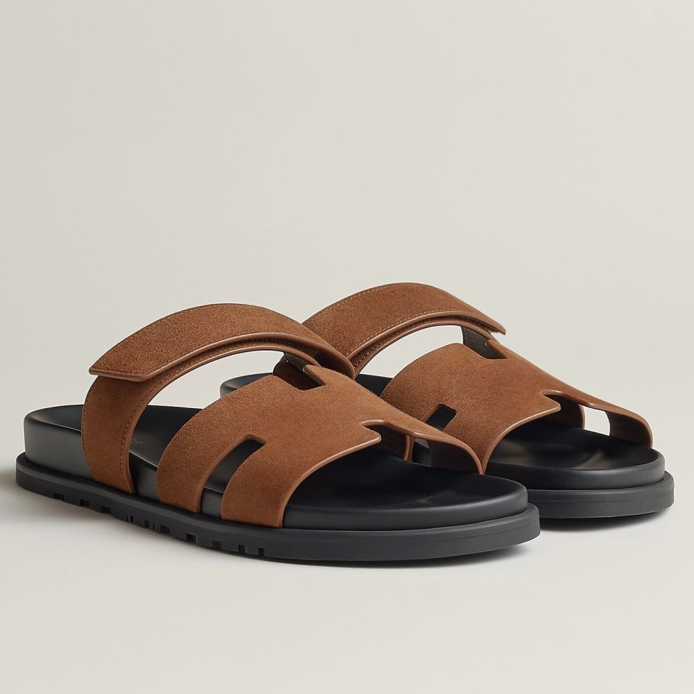 Cheap Reps Hermes Mens Chypre Sandals in Brown Suede Calfskin