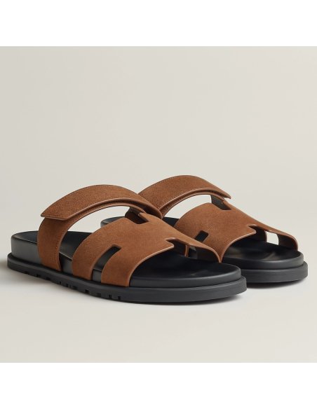 Cheap Reps Hermes Mens Chypre Sandals in Brown Suede Calfskin