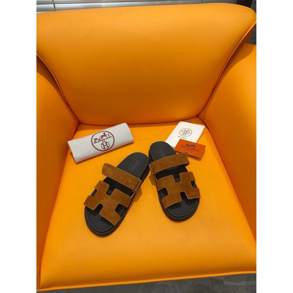 Cheap Reps Hermes Mens Chypre Sandals in Brown Suede Calfskin