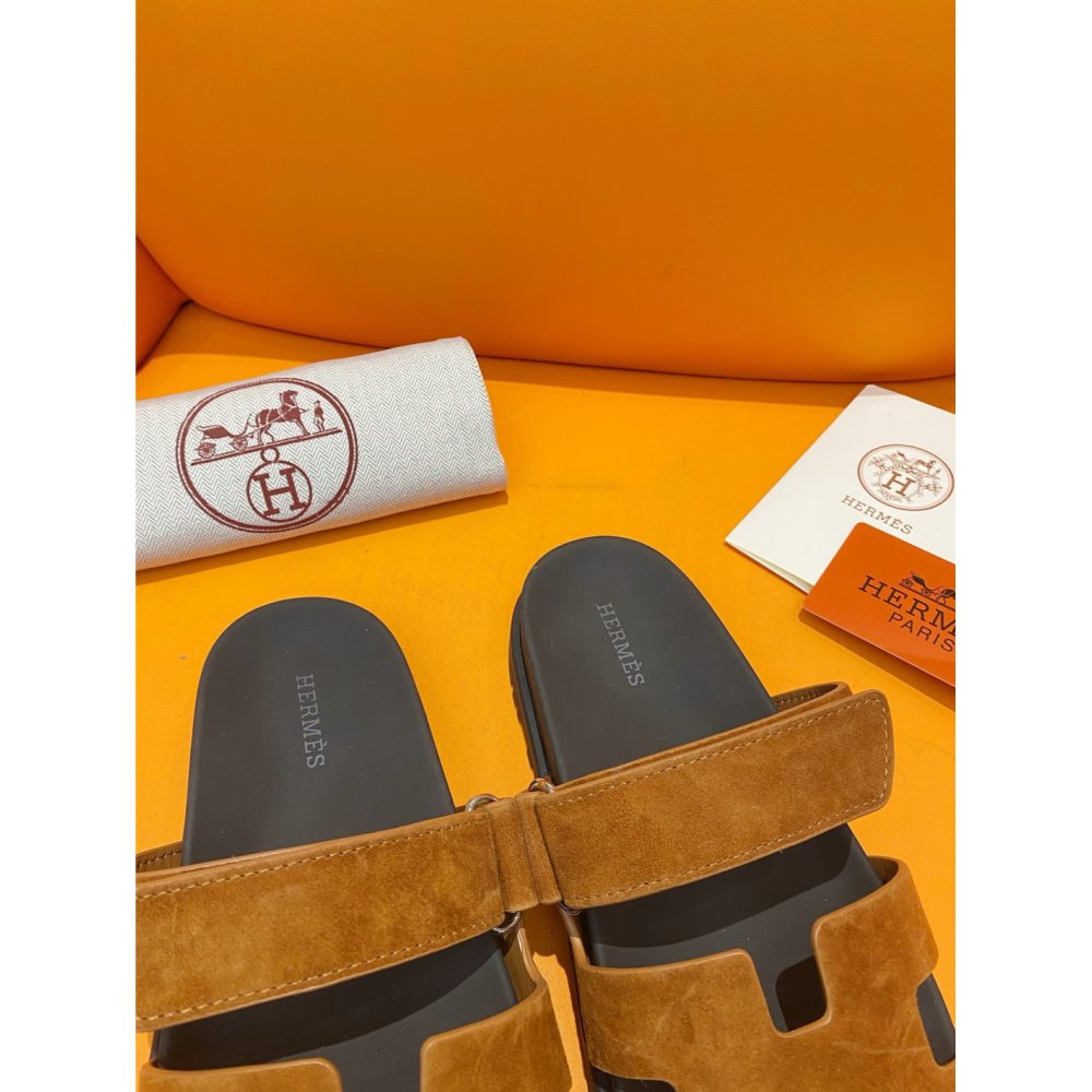 Cheap Reps Hermes Mens Chypre Sandals in Brown Suede Calfskin