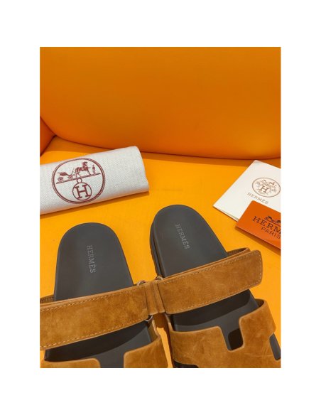 Cheap Reps Hermes Mens Chypre Sandals in Brown Suede Calfskin