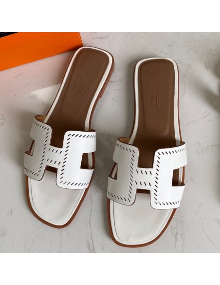 Cheap Reps Hermes Oran Slide Sandals In White Swift Perforated Calfskin