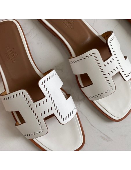 Cheap Reps Hermes Oran Slide Sandals In White Swift Perforated Calfskin
