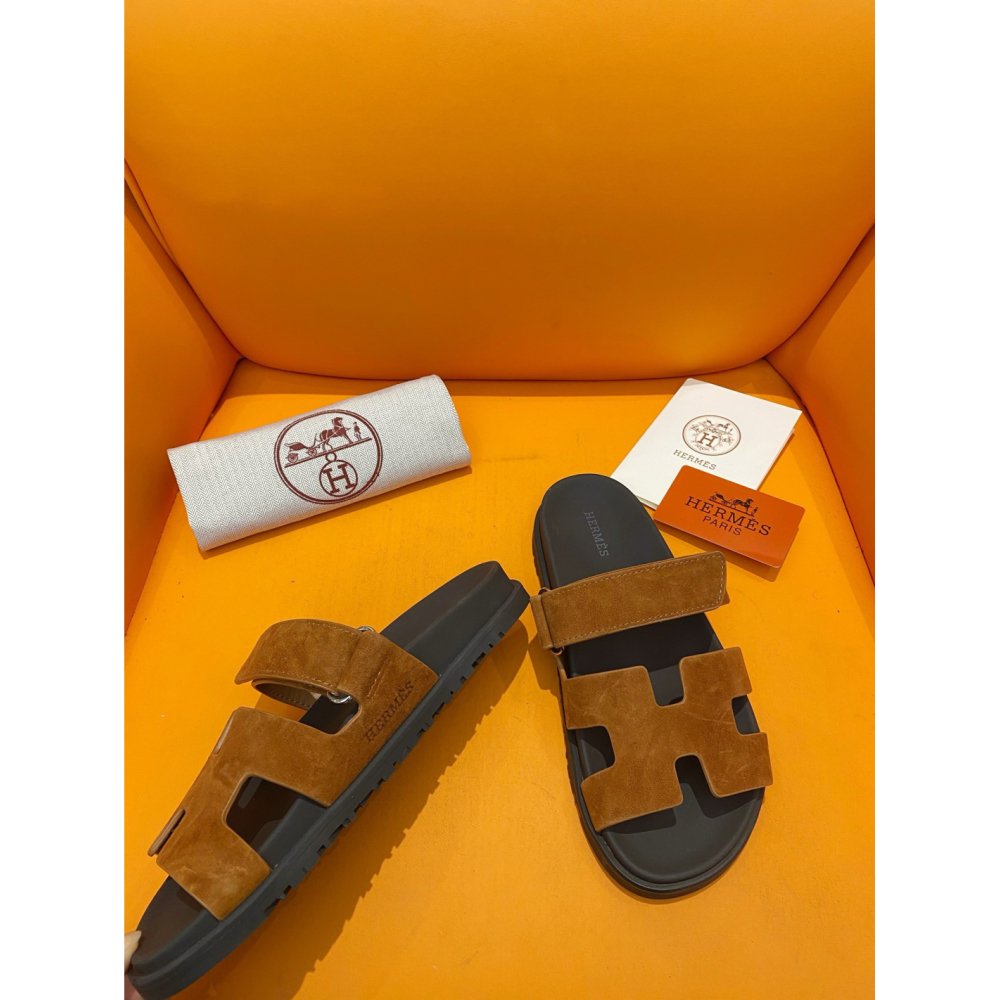 Cheap Reps Hermes Mens Chypre Sandals in Brown Suede Calfskin