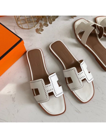 Cheap Reps Hermes Oran Slide Sandals In White Swift Perforated Calfskin