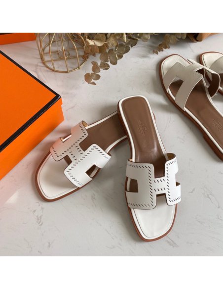 Cheap Reps Hermes Oran Slide Sandals In White Swift Perforated Calfskin