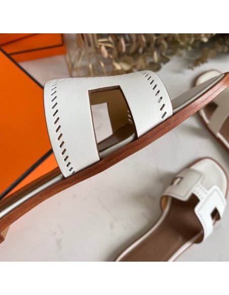 Cheap Reps Hermes Oran Slide Sandals In White Swift Perforated Calfskin