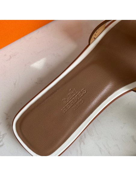 Cheap Reps Hermes Oran Slide Sandals In White Swift Perforated Calfskin