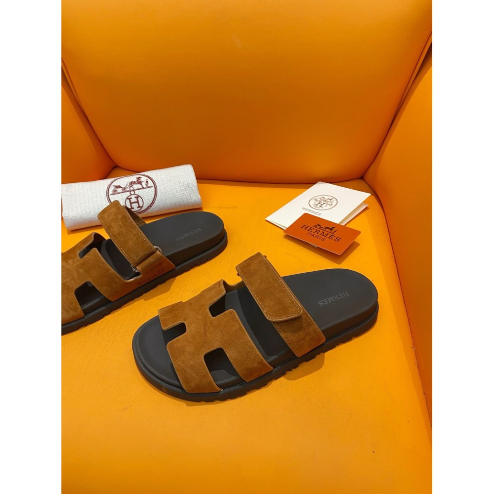 Cheap Reps Hermes Mens Chypre Sandals in Brown Suede Calfskin