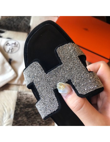 Cheap Reps Hermes Oran Slide Sandals In Black Suede With Crystal