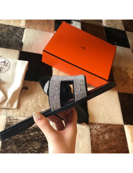 Cheap Reps Hermes Oran Slide Sandals In Black Suede With Crystal