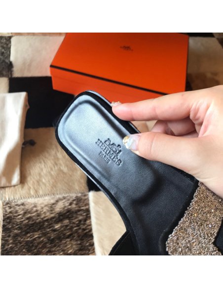 Cheap Reps Hermes Oran Slide Sandals In Black Suede With Crystal