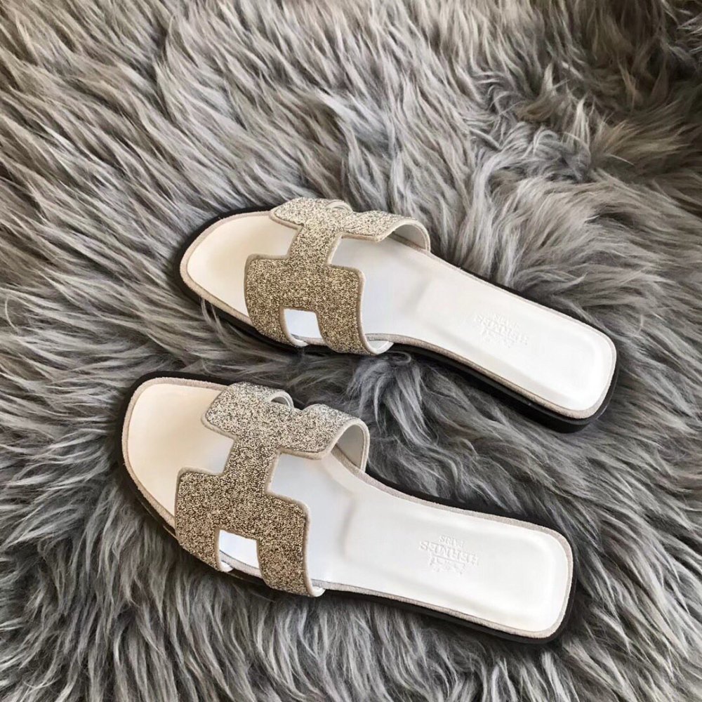Cheap Reps Hermes Oran Slide Sandals In White Suede With Crystal