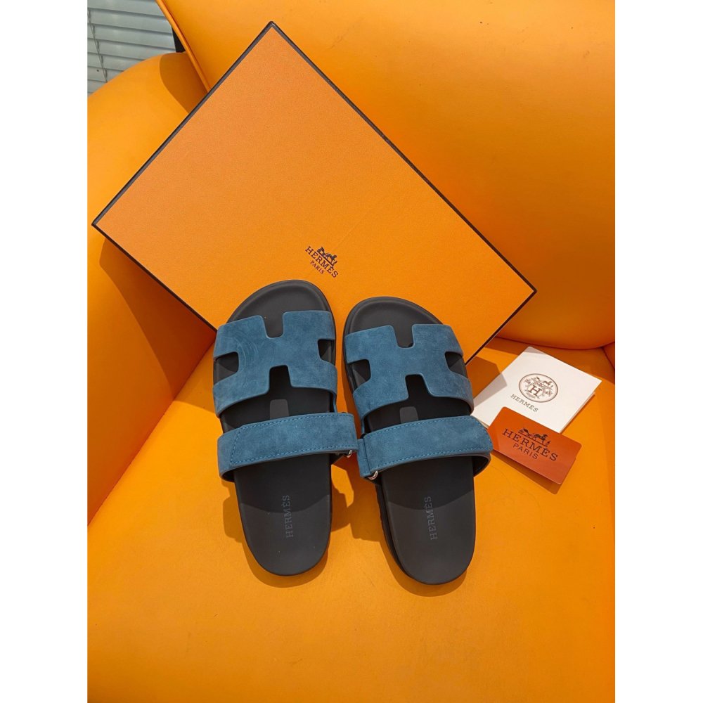 Cheap Reps Hermes Mens Chypre Sandals in Blue Suede Calfskin