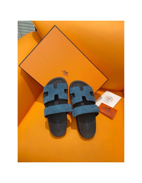 Cheap Reps Hermes Mens Chypre Sandals in Blue Suede Calfskin